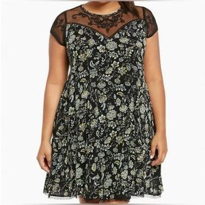 Torrid Green & Black Floral Embroidered Gauze A-line Cap Sleeve Sweetheart Dress
